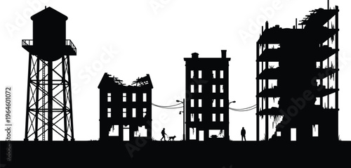 Post apocalyptic city silhouette with ruined buildings, destroyed skyscrapers, water tower, survivors walking dog in abandoned urban wasteland, vector illustration.
