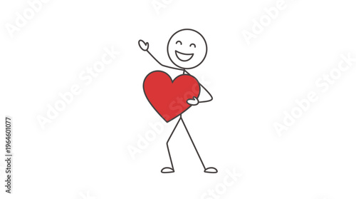 A happy stick figure character holding a large red heart and waving, symbolizing love, care, and positive emotions on a white background.