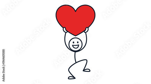 Loving stick figure person holding a large red heart above their head on an isolated white background, expressing deep affection.
