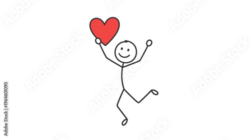 A happy stick figure cartoon character joyfully holding a vibrant red heart, symbolizing love and happiness on a white background.