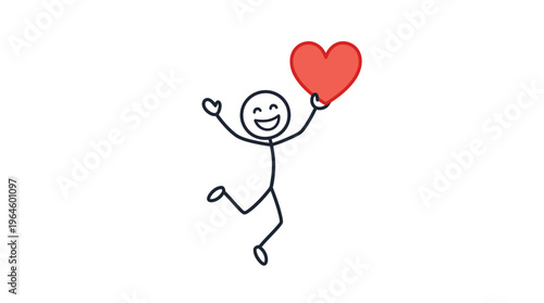 Happy stick figure man running cheerfully, holding a red heart and expressing love on an isolated white background.