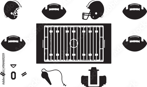 American football icons, sports symbols, football field, helmets, equipment, black and white graphics