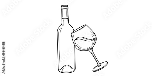 Bottle of wine and a glass with liquid black and white line art vector illustration