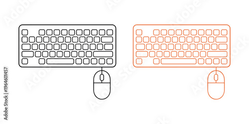 Computer keyboard and mouse in black and orange in white background