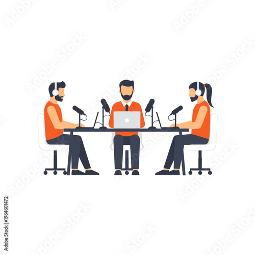 Three people podcasting, two men and one woman, with microphones and a laptop on a table.