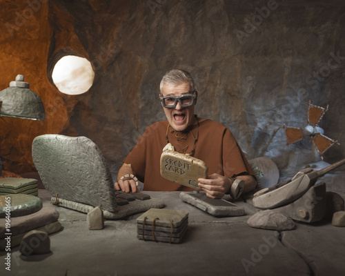 Prehistoric Online Shopping: Funny Caveman Using Stone Credit Card on a Laptop in a Cave Office