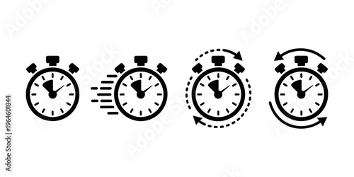 Four black and white stopwatch with different motion effects timer clock speed fast