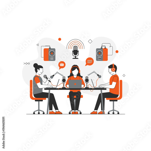 Three people podcasting, two women and one man, with microphones and a laptop on a table.