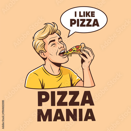 Enthusiastic man enjoying delicious pizza slice with a speech bubble, expressing a strong preference for the popular food