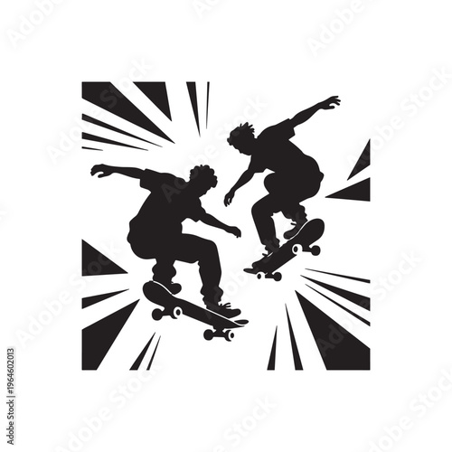 Two skateboarders performing aerial tricks with dynamic black lines on white background jj12