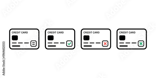Four credit card with different status indicators payment finance banking checkmark