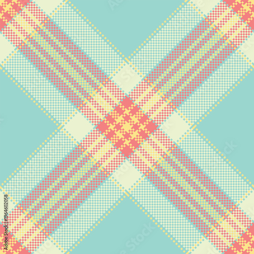 Tracery fabric tartan check, setting plaid texture pattern. Halftone background seamless textile vector in teal and light colors.