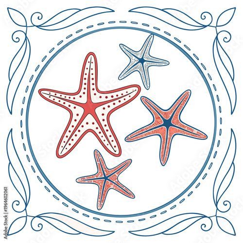 Quadro em tela Decorative starfish arranged in a circular frame or border layout