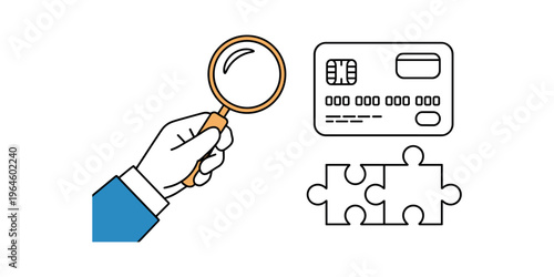 Hand holding magnifying glass examining credit card and puzzle pieces examination in white background