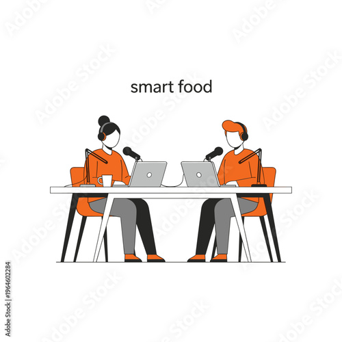 Illustration of man and woman recording smart food podcast with microphones and laptops in.