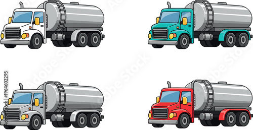 Fuel Tanker Truck Illustration Set with Oil Transport Vehicles in Different Colors for Logistics Delivery Petroleum Industry and Transportation Design Projects.