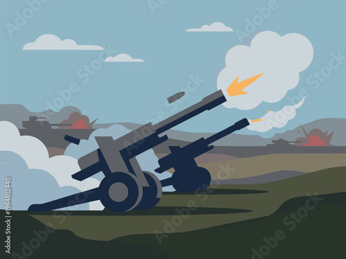 Artillery cannons firing in a battle scene.