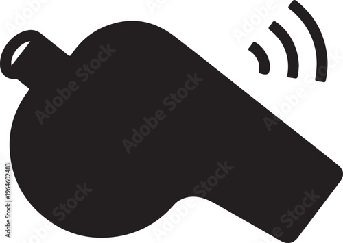 Black whistle icon, sound wave signal, referee whistle, loud noise maker