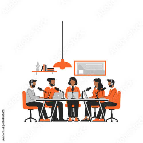 Five people podcasting, three men and two women, with microphones and laptops on a table.