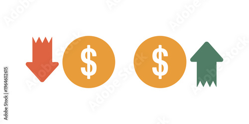 Orange dollar coins with downward red arrow and upward green arrow money arrows finance in white background