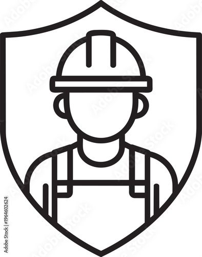 Industrial worker silhouette inside protective security shield linear outline icon for occupational safety vector graphic design