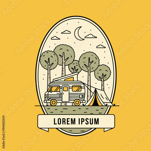 Night Camping Adventure: Retro Monoline Illustration of Camper Van and Tent in Forest