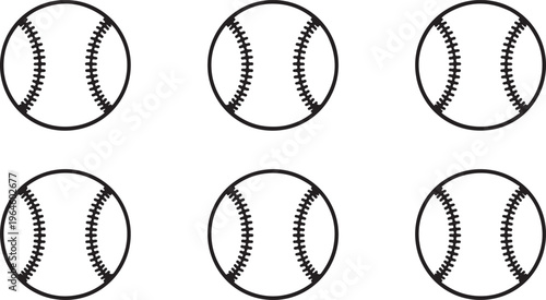 Baseball icons, sports balls, vector illustrations, black and white graphics, baseball set