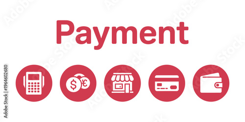 Payment including card reader, coins, store, credit card, and wallet in white background
