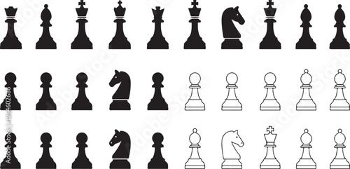 Chess pieces icons, black and white pawns, knights, bishops, vector set