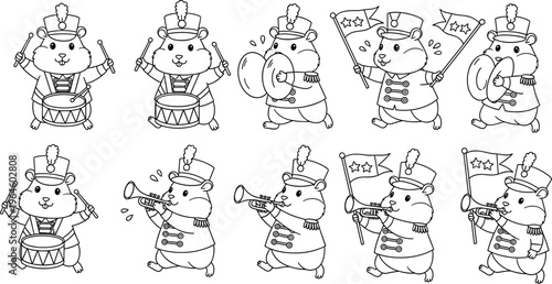 Cute hamster marching band cartoon set with drum, trumpet, cymbals, and flag parade character illustrations