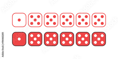 Red and white dice in two rows on white background red dice game gambling