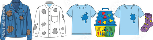 Set of dirty clothes with stains and laundry items isolated on white background cleaning concept vector illustration collection