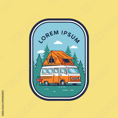 Outdoor camping adventure with retro camper van and rooftop tent in a serene forest illustration.