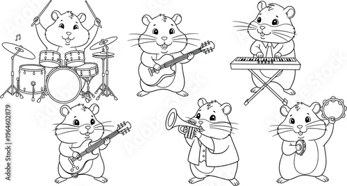 Cute hamster musician set with drums, guitar, keyboard, trumpet, and tambourine cartoon vector illustrations