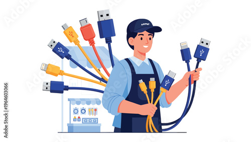 Tech Specialist with Cables: A skilled tech expert, holding an assortment of colorful USB cables, ready to connect and troubleshoot technology, showcasing connectivity and digital solutions.
