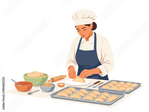 Baker preparing dough and pastries in a kitchen.