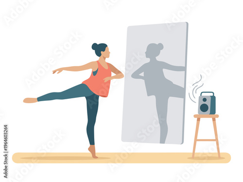 Ballet dancer practicing in front of a mirror with music.