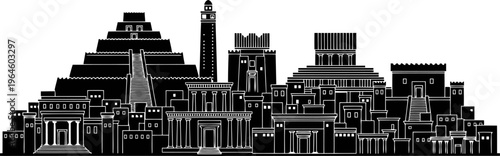 Babylon city skyline silhouette with temples, ziggurat, and clustered buildings.