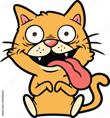 A hilariously ecstatic cartoon cat with wide eyes and an extended tongue, displaying extreme happiness and silliness