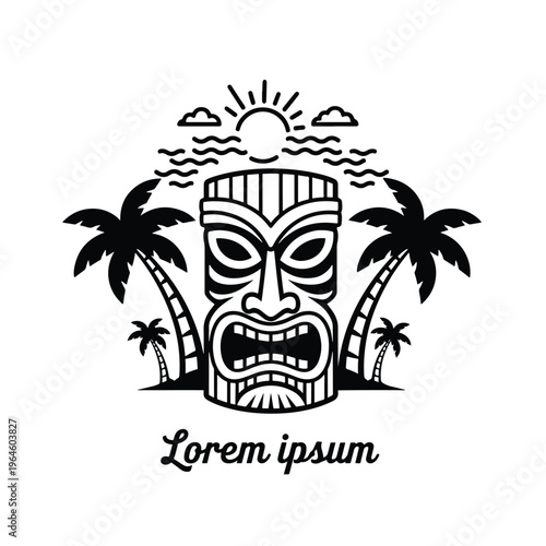 Stylized traditional mask graphic on a sunny tropical island with palm trees and ocean waves