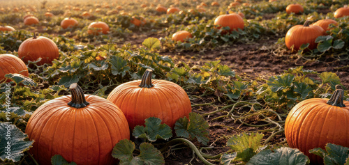 Bright orange pumpkins on rich soil with lush green vines during peak harvest season in a farm