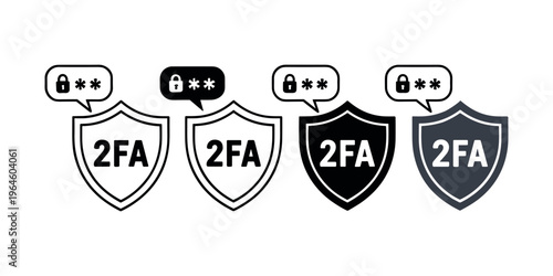 Two Factor Authentication 2 F A Security Shields with Lock and Password Symbols in white background