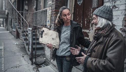 Empathetic social worker interviews a senior homeless man on a gritty city street. Powerful cinematic shot capturing human connection, social advocacy, and urban poverty for outreach projects.
