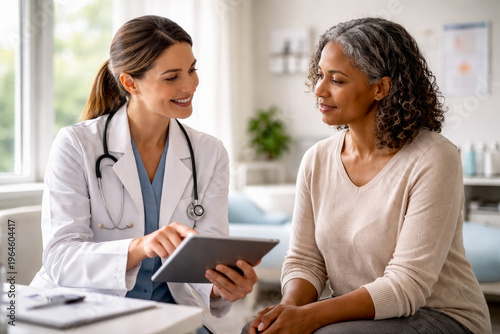 Compassionate healthcare professional consulting with a patient in a clean modern clinic