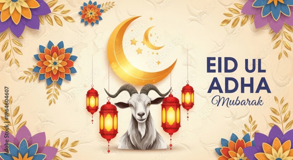Fototapeta premium Eid Ul Adha Mubarak Banner with Goat, Golden Moon, and Floral Decorations