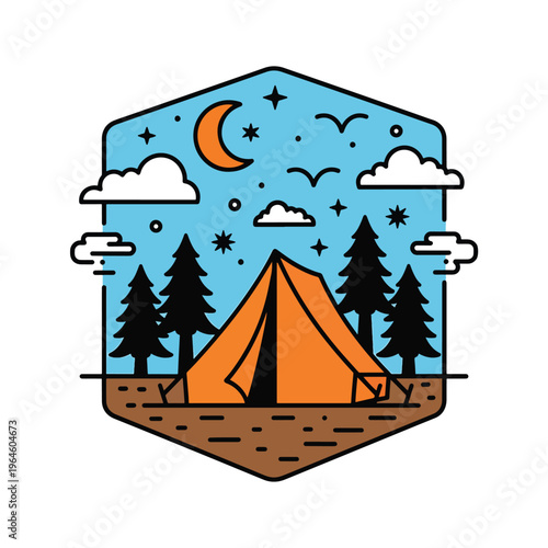 Night camping adventure illustration featuring a tent, pine trees, moon, and stars in the wilderness.