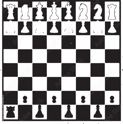 Chess board, black and white checkered, pawns and pieces, strategy game, vector illustration