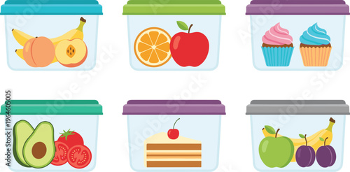 Set of food storage containers with fruits desserts and snacks isolated on white background kitchen vector illustration collection