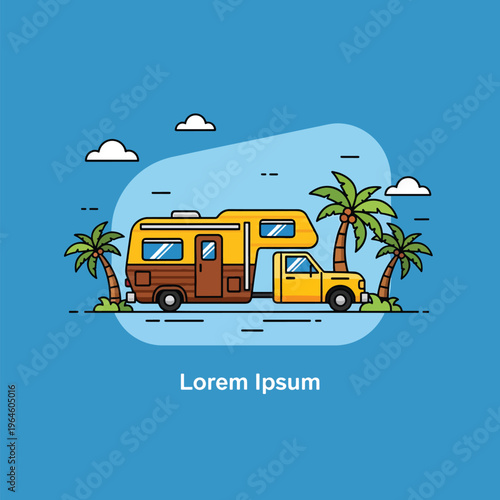 Traveler's dream: Camper truck parked by palm trees on a sunny tropical vacation beach, vector illustration.