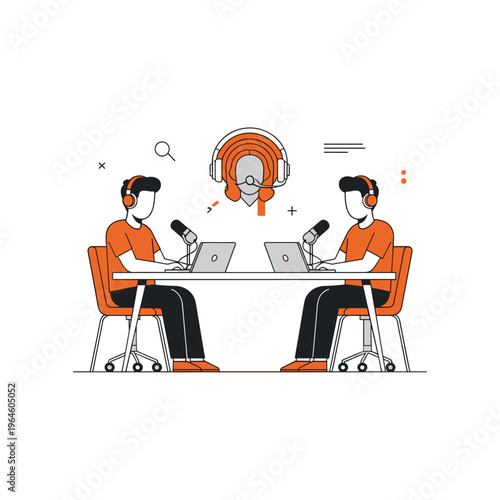 Two people podcasting, two men, with microphones and laptops on a table, with a large headset icon.